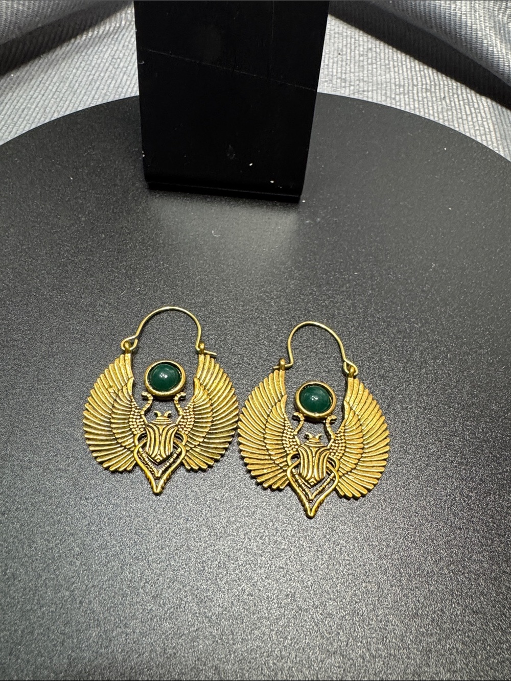 Source Unknown Gold Scarab Wing Earrings with Green Cabochons